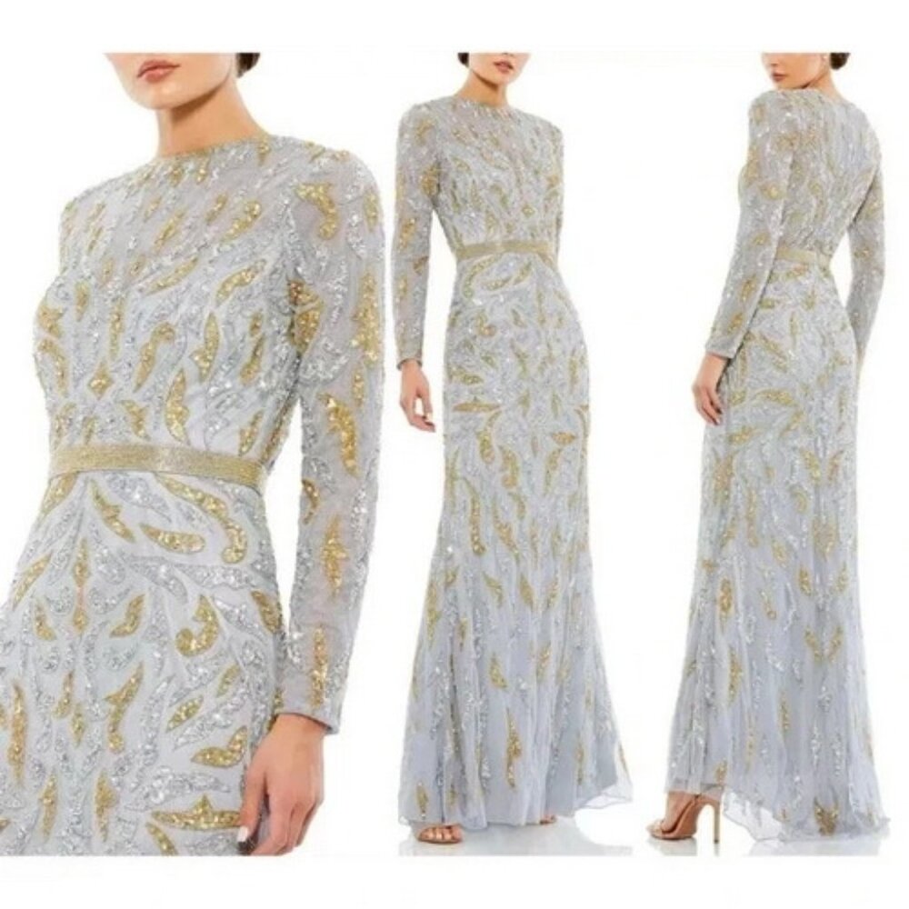 Mac Duggal Platinum Silver Gold Paisley Beaded Long Sleeve Gown